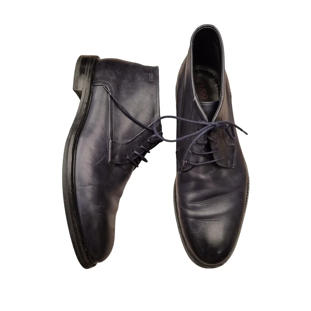 Hugo Boss Mens Dark Navy Blue Leather Chukka Boots Ankle Dress Shoes Sz 8.5